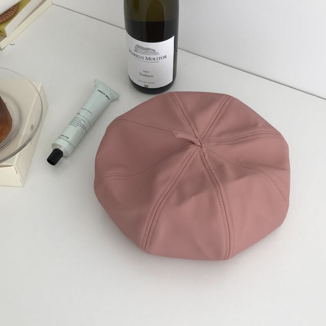 Plain Beret Leather Hat Faux