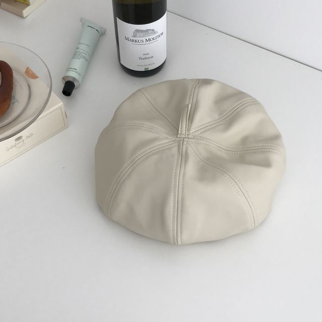 Plain Beret Leather Hat Faux