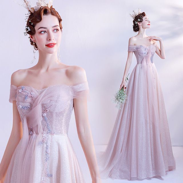 Gown Evening A-Line Floral Off-Shoulder Glitter