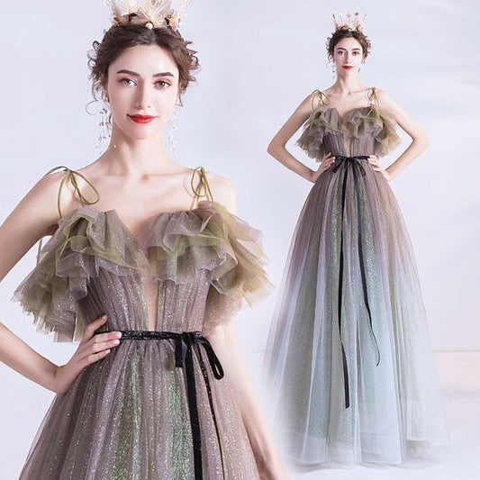 Evening A-Line Strap Gown Gradient Spaghetti Glitter Mesh