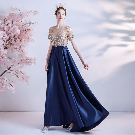 A-Line Sequin Mesh Gown Neck Short-Sleeve Crew Evening