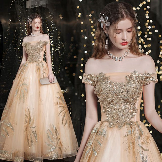 Floral Gown Off-Shoulder A-Line Sequin Evening