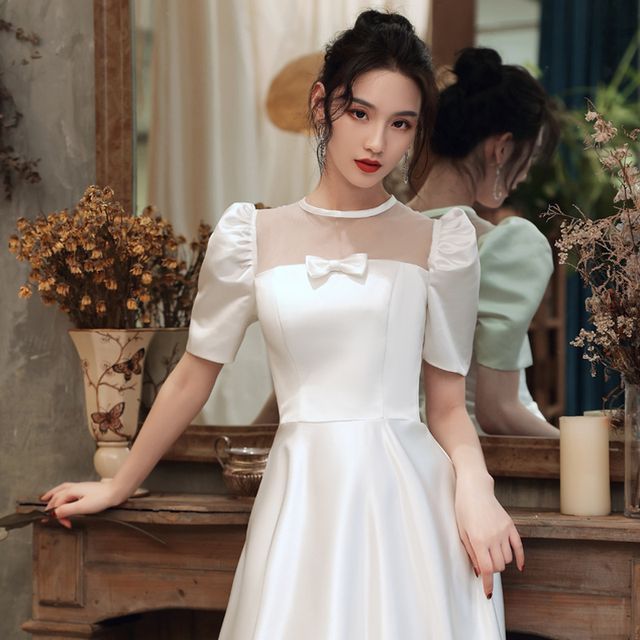 Gown Wedding A-Line Neck Panel Crew Mesh Bow Puff-Sleeve