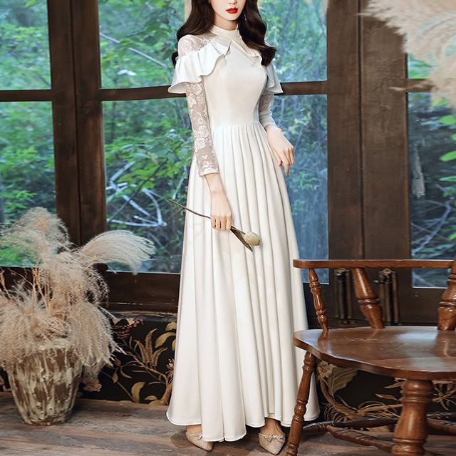 Long-Sleeve Lace Panel Ruffled A-Line Wedding Gown (Various Designs)