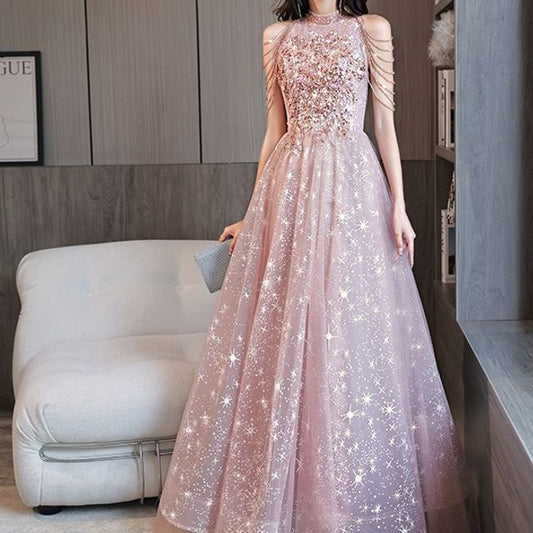 Halter-Neck Sequined Chained Star Print A-Line Mesh Evening Gown