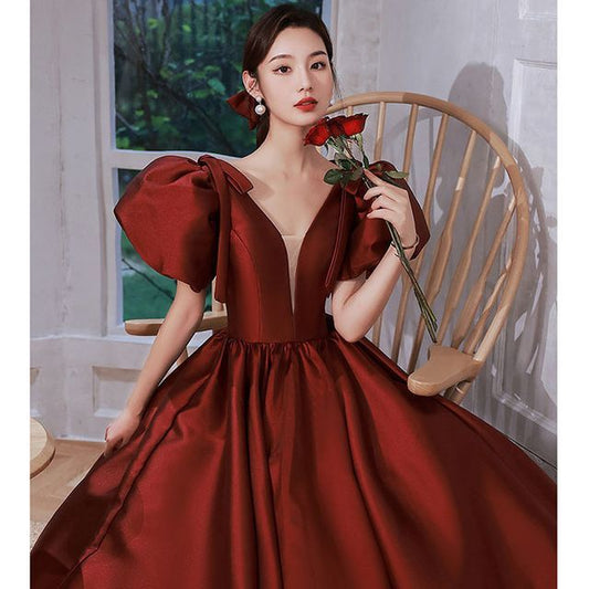 Gown Puff-Sleeve A-Line Plain Panel Mesh Evening