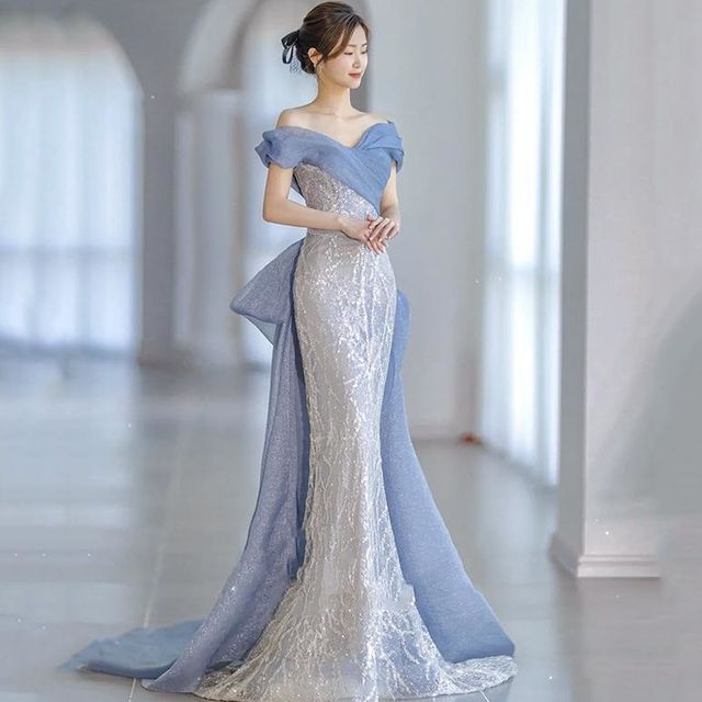 Off-Shoulder Lace Evening Gown Paneled Mermaid