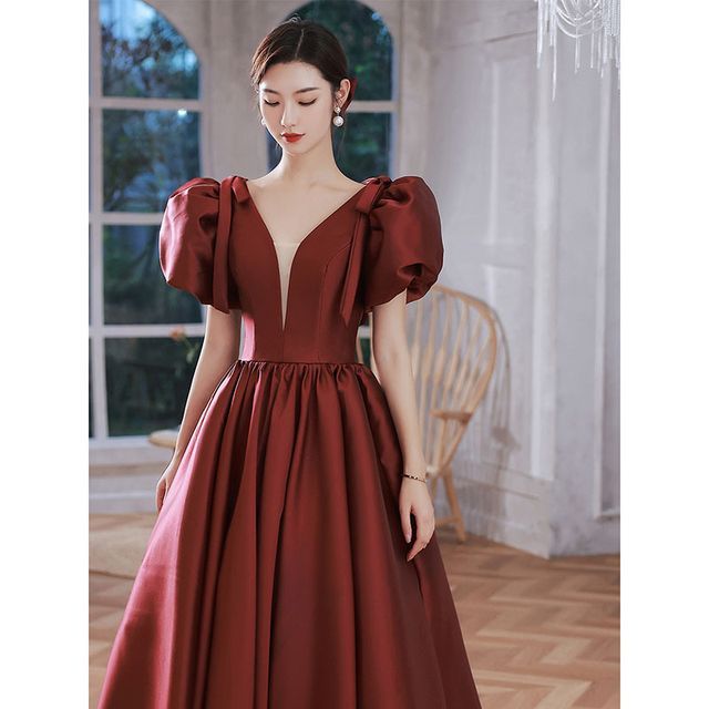 Evening Plain A-Line Puff-Sleeve Mesh Gown Panel