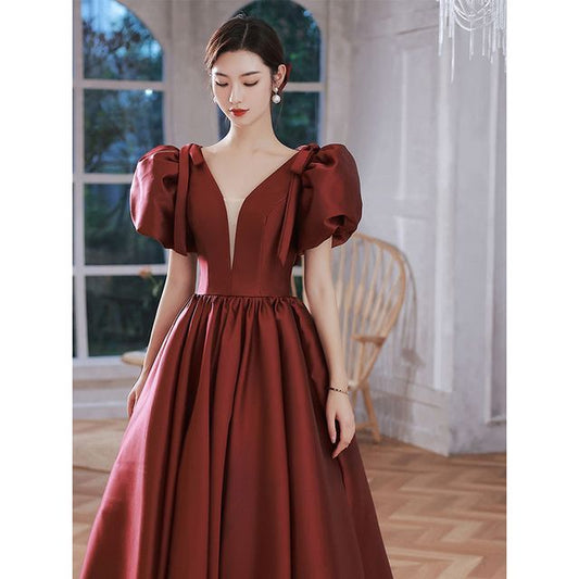 Evening Plain A-Line Puff-Sleeve Mesh Gown Panel
