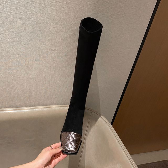 Panel Boots Quilted Square-Toe Block Heel Knee-High