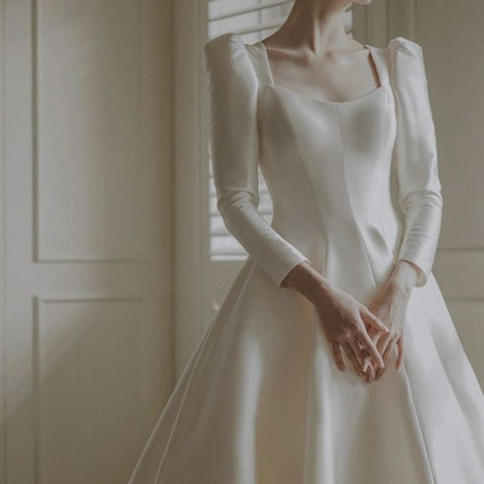 Plain Wedding Gown Puff-Sleeve A-Line Square-Neck