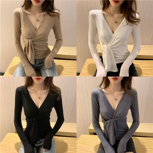 Plain Long-Sleeve Slim-Fit Knot V-Neck Top