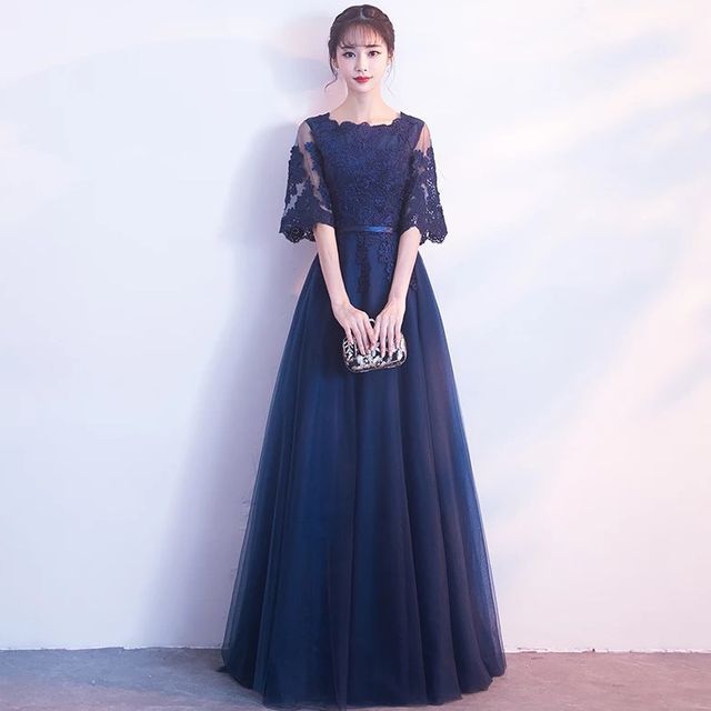 Floral Evening Short-Sleeve A-Line Embroidered Gown