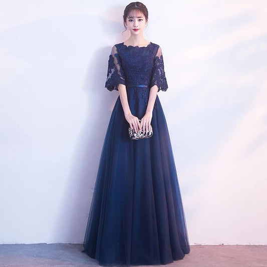 Floral Evening Short-Sleeve A-Line Embroidered Gown