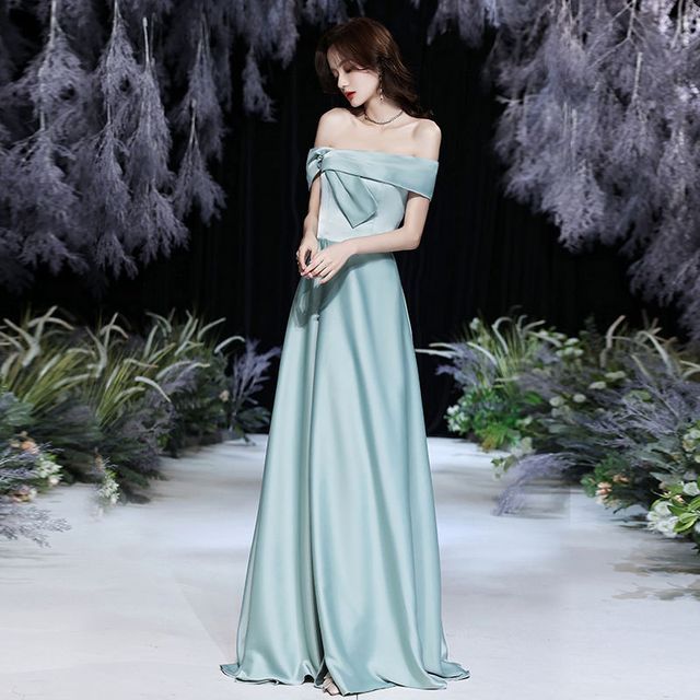 Evening Off-Shoulder A-Line Tie-Front Plain Gown
