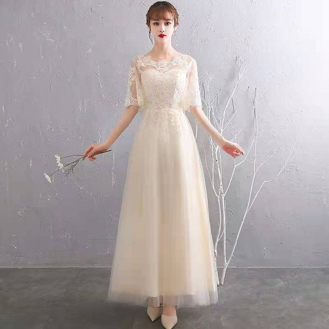 Floral Evening Short-Sleeve A-Line Embroidered Gown