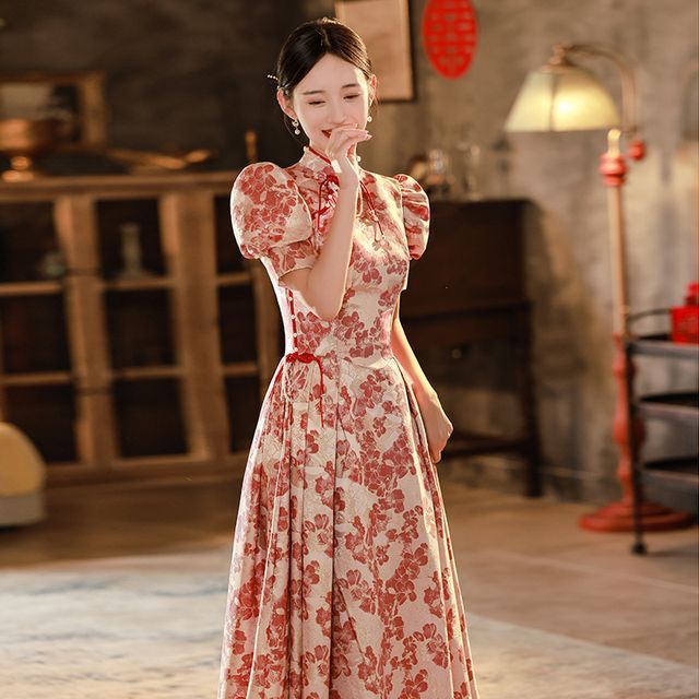 Short-Sleeve Embroidered Gown Qipao Floral Bridal Evening