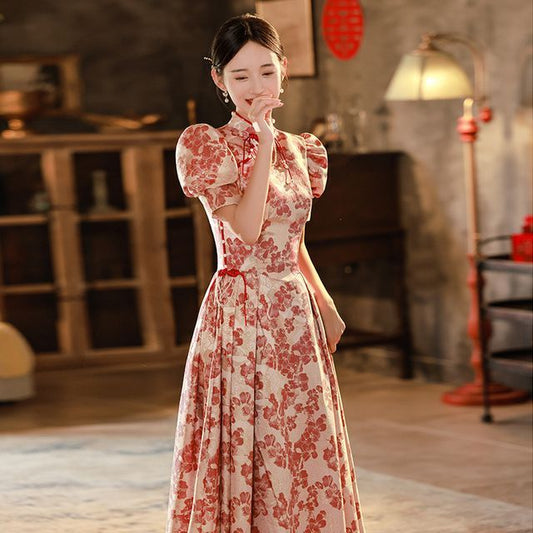 Short-Sleeve Embroidered Gown Qipao Floral Bridal Evening