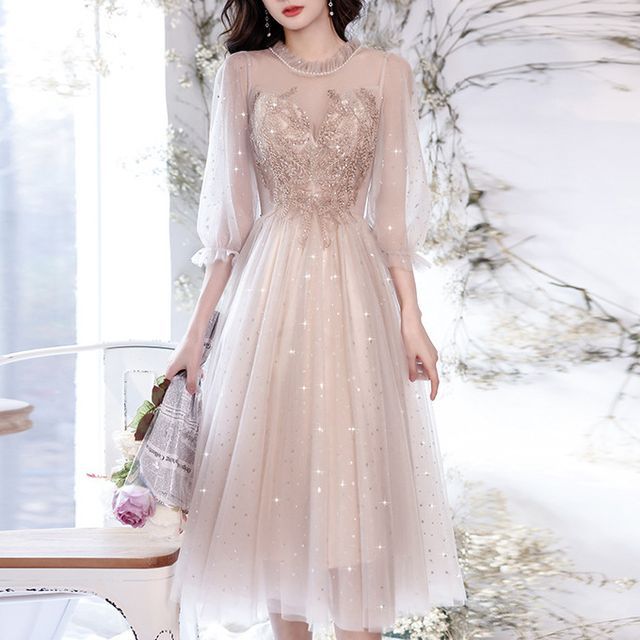 Cocktail Evening / Midi Dress Gown Flower A-Line Sequin Embroidered Puff-Sleeve