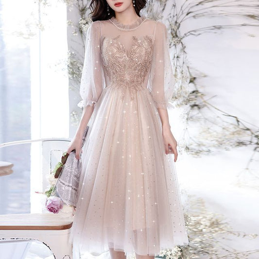 Cocktail Evening / Midi Dress Gown Flower A-Line Sequin Embroidered Puff-Sleeve
