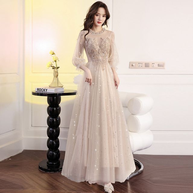 Cocktail Evening / Midi Dress Gown Flower A-Line Sequin Embroidered Puff-Sleeve