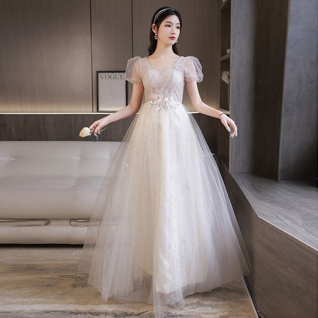 Evening Flower Embroidered Gown Puff-Sleeve Sequin A-Line