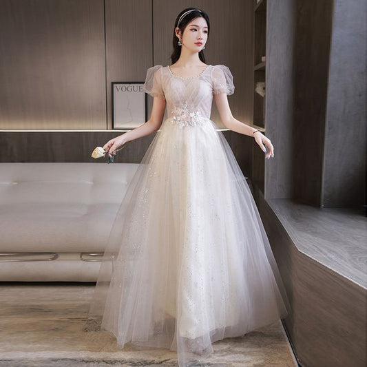 Evening Flower Embroidered Gown Puff-Sleeve Sequin A-Line