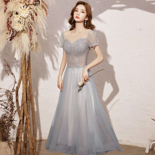 Round Mesh Cocktail / Neck Gown A-Line Sequin Short-Sleeve Dress Evening