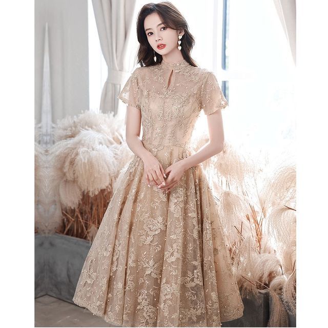 Faux Gown Cocktail Dress Short-Sleeve Mock Neck Pearl Flower A-Line Embroidered / Evening