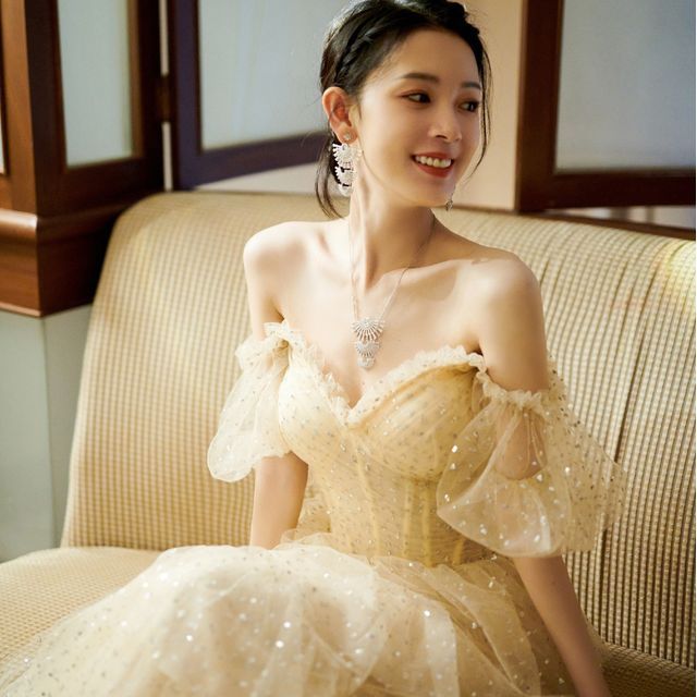 Sequin Gown Shoulder Off Tiered Evening A-Line Short-Sleeve Mesh