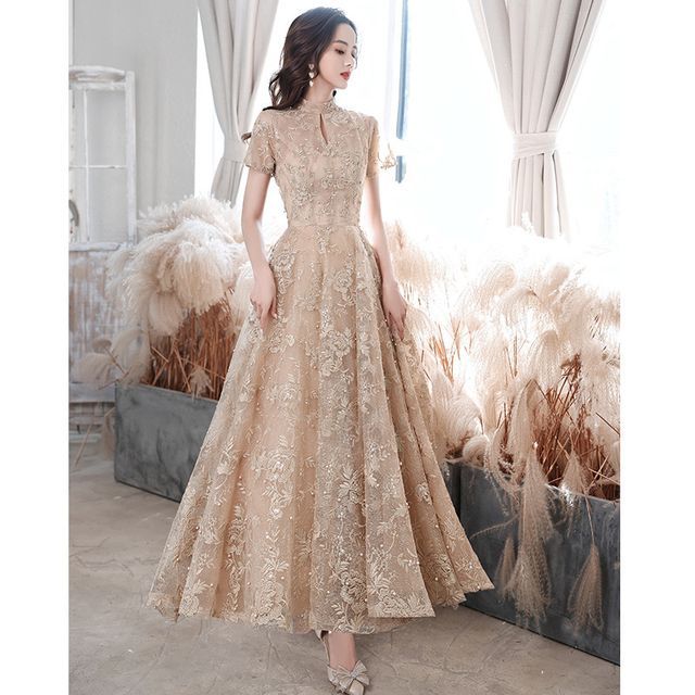 / Neck Flower Short-Sleeve Pearl Mock A-Line Gown Embroidered Faux Dress Cocktail Evening