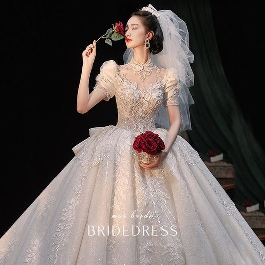 Sequined Gown Ball Puff-Sleeve Wedding Floral Embroidered