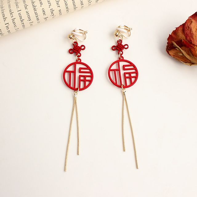 Clip-On / Characters Fringed Earring Chinese