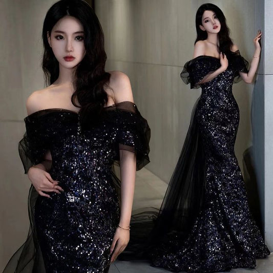 Gown Elbow-Sleeve Panel Shoulder Evening Mermaid Mesh Sequined Trained Off