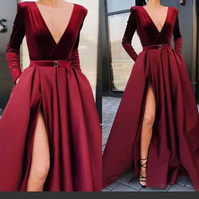 Long-Sleeve V-Neck Evening A-Line Gown Plain