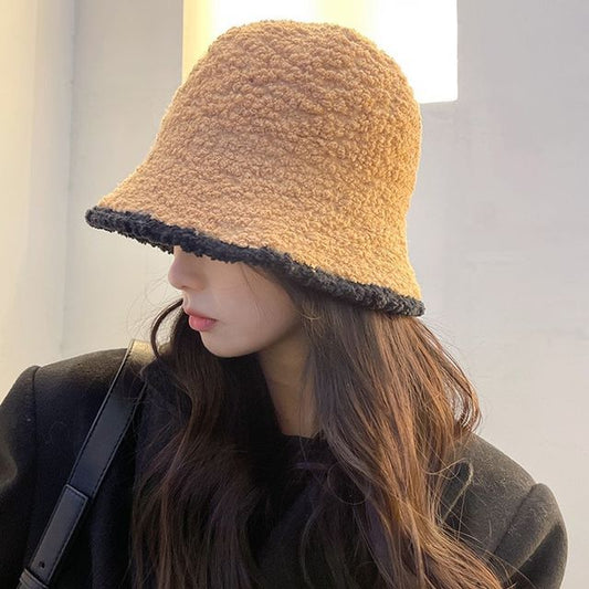 Faux Trim Contrast Shearling Bucket Hat