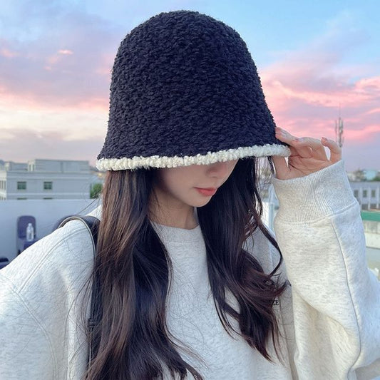 Bucket Shearling Contrast Trim Faux Hat