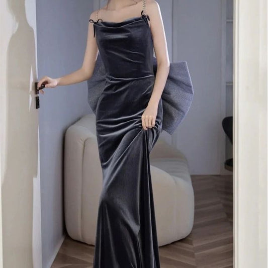 Strap Spaghetti Evening Gown Backless A-Line Bow