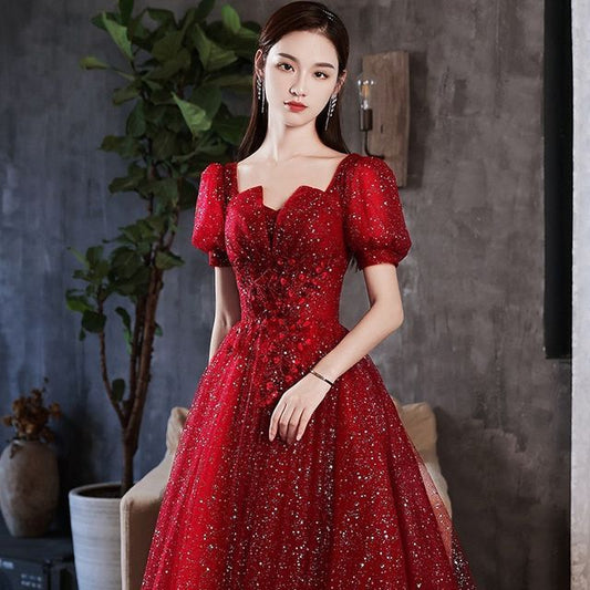 A-Line Evening Short-Sleeve Sequined Notched Gown