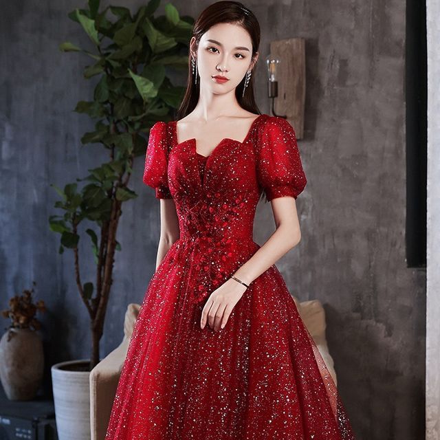 Short-Sleeve Evening A-Line Sequined Gown Notched