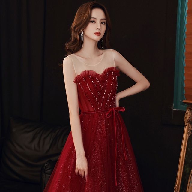 Crew Sleeveless A-Line Evening Neck Mesh Gown