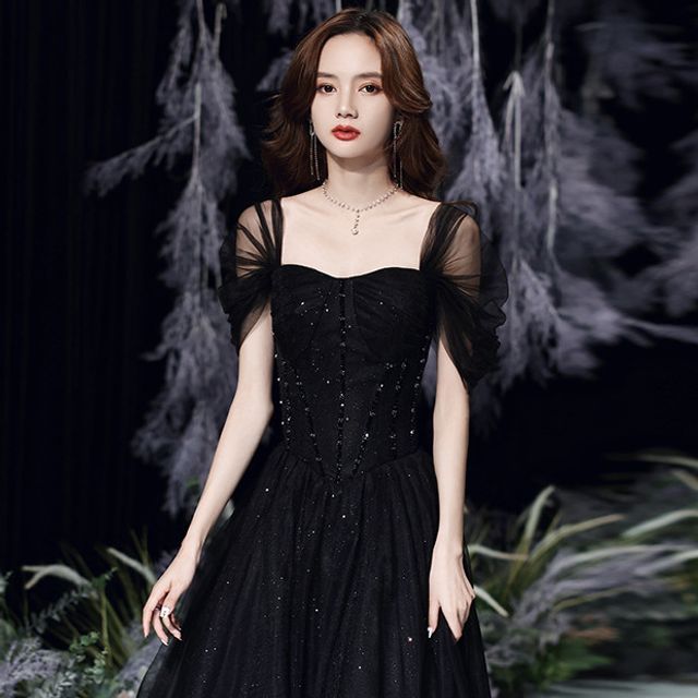 Square Neck Evening Mesh Short-Sleeve Gown