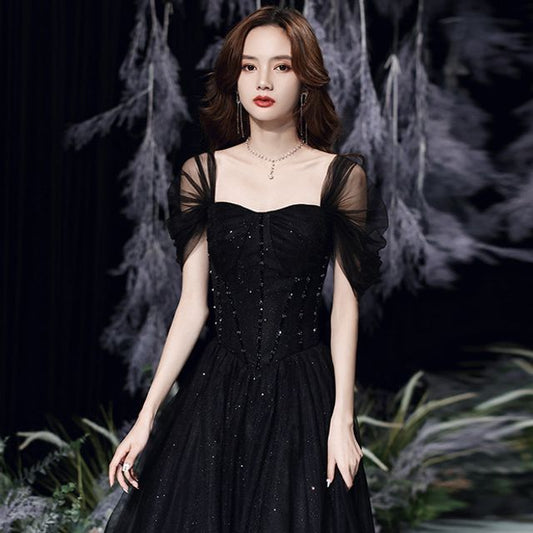 Square Neck Evening Mesh Short-Sleeve Gown