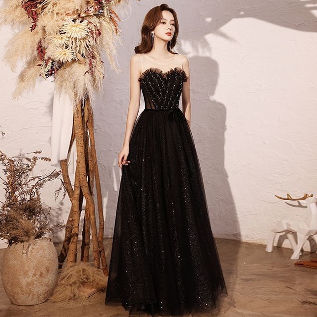 Crew Sleeveless A-Line Evening Neck Mesh Gown