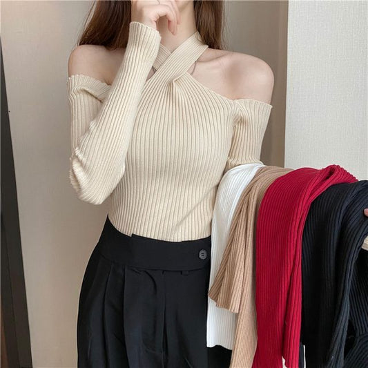 Plain Long-Sleeve Cold-Shoulder Halter Knit Top