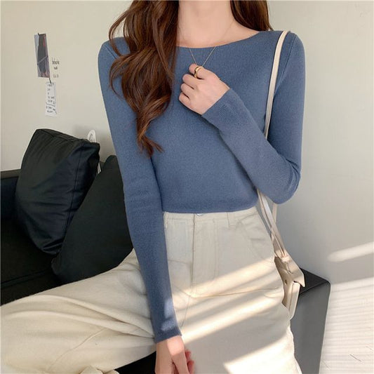 Plain Long-Sleeve Knit Slim-Fit Top