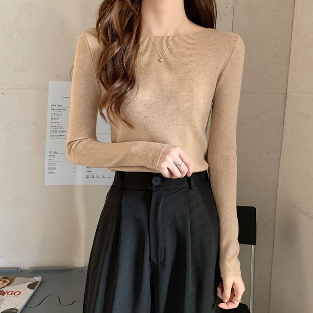 Plain Long-Sleeve Knit Slim-Fit Top