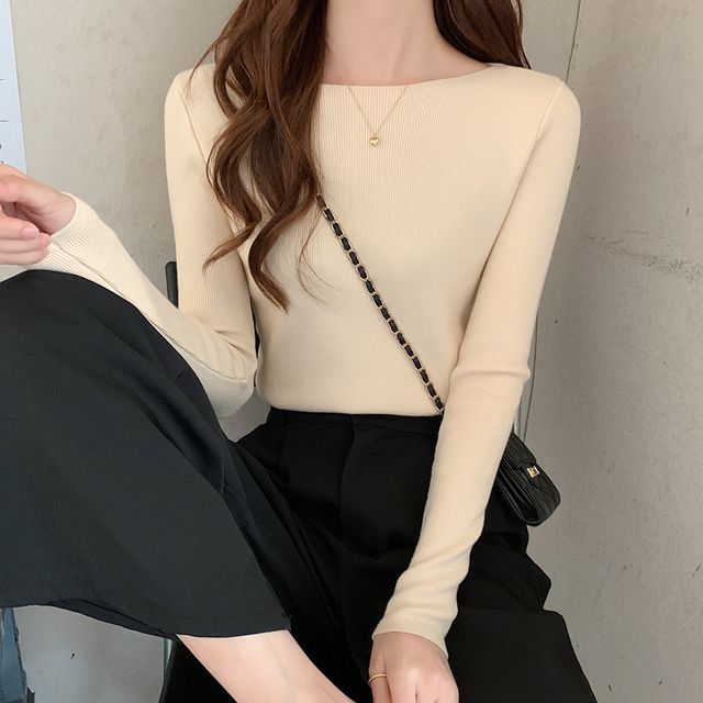 Plain Long-Sleeve Knit Slim-Fit Top