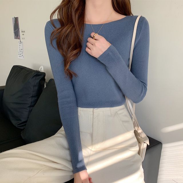 Plain Long-Sleeve Knit Slim-Fit Top