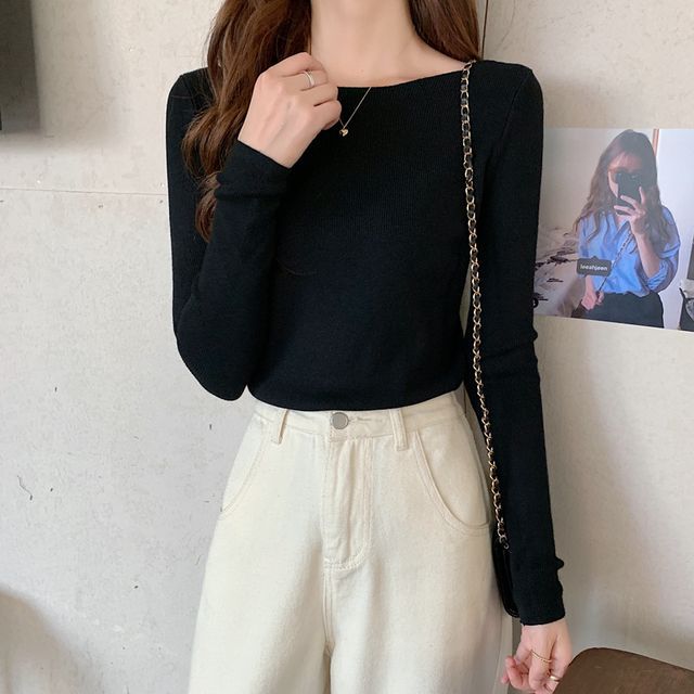 Plain Long-Sleeve Knit Slim-Fit Top